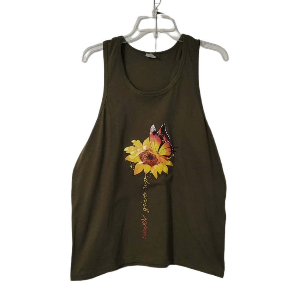 Sunflower Butterfly Printed Tank Racer Back Top Women's Size L "Never give up"